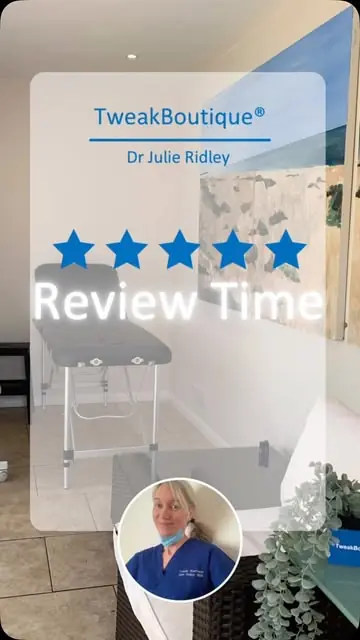 A five star patient review shown against the TweakBoutique treatment room